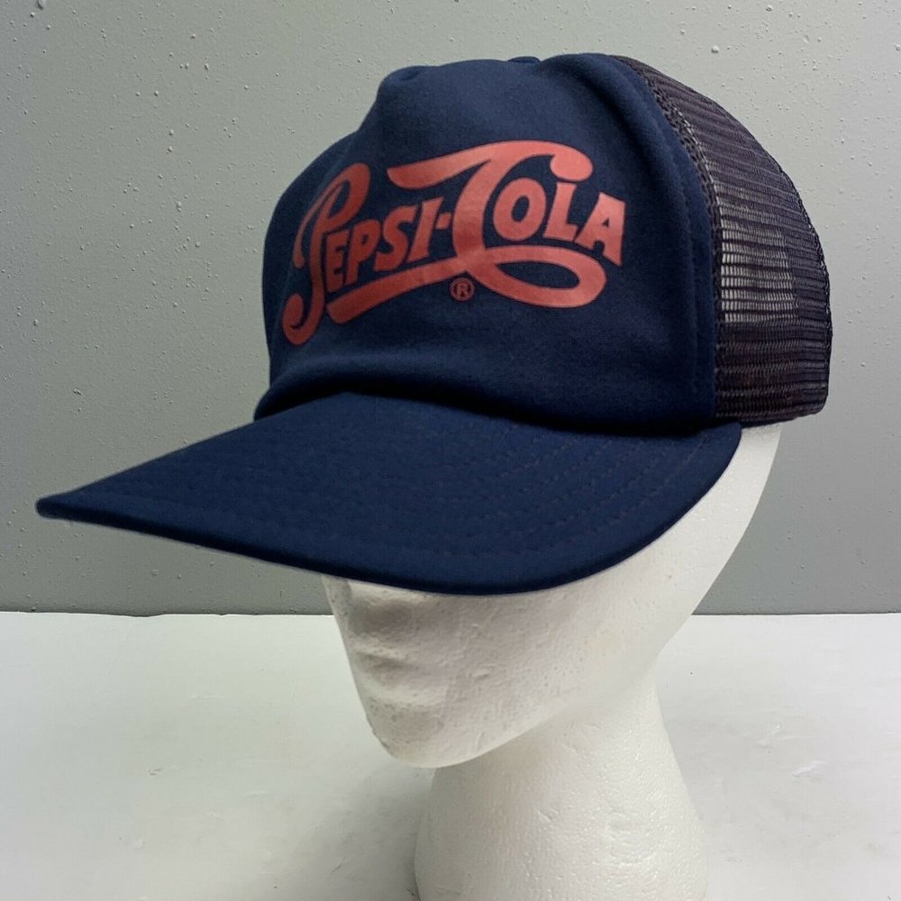 Vintage Pepsi Cola Snapback Trucker Hat Mesh Back Navy Spellout Red Baseball